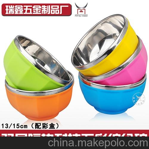 彩塘廠家批發(fā)兒童五彩繽紛碗，雙層不銹鋼防燙彩色飯碗，套裝禮品圖片