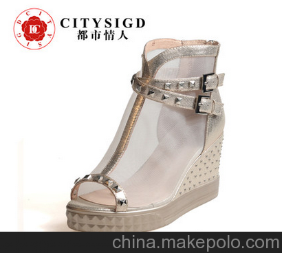 都市情人坡跟涼鞋女夏新款網(wǎng)紗魚嘴涼鞋 厚底女鞋高跟涼鞋圖片