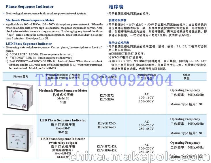 康比利相序表产品技术指标描述