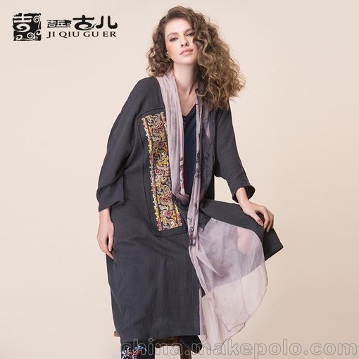 吉丘古兒2017春季新款棉麻開衫民族風(fēng)女裝風(fēng)衣 刺繡盤扣外套圖片