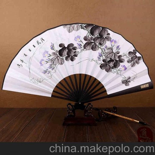 真絲手繪扇子 日本折扇 純手繪圖案 麥穗花形鏤空雕刻圖片