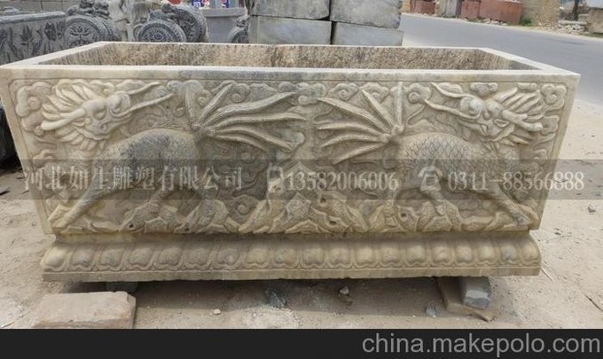 如生供應(yīng)仿古石雕魚(yú)缸石槽 大理石埃及米黃精美雕花石魚(yú)缸094圖片