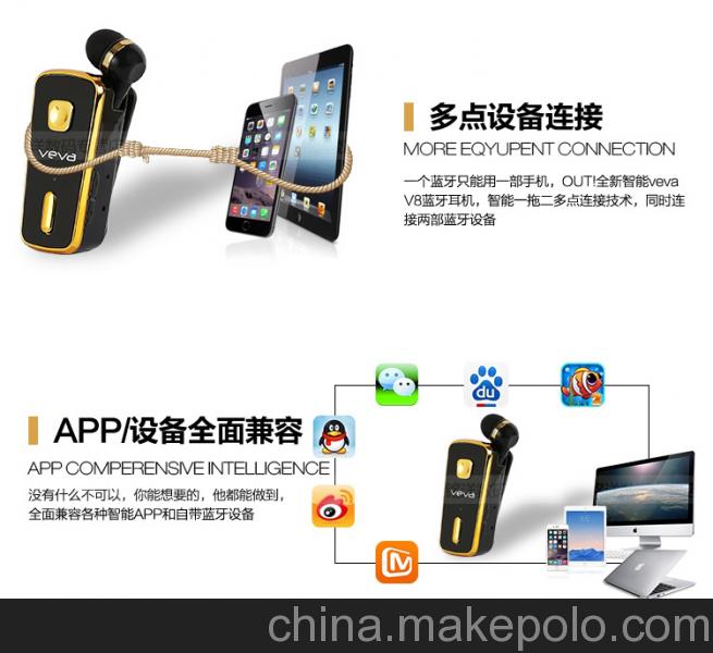 VEVA V8智能音樂(lè)可伸縮領(lǐng)夾式迷你藍(lán)牙耳機(jī)4.0