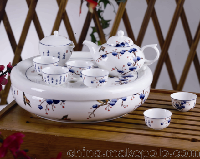 和瓷陶瓷 青花瓷功夫茶具茶盤套裝 心想事成商務(wù)辦公禮品圖片