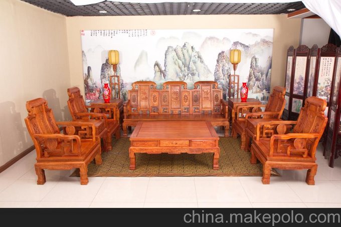 東陽紅木家具 緬甸花梨木八寶祥和沙發(fā) 榫卯雕刻10件套圖片