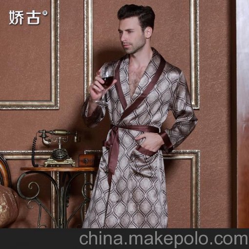 嬌古男士春夏秋桑蠶絲真絲雙口袋睡衣 大氣寬松男款幾何圖睡袍圖片